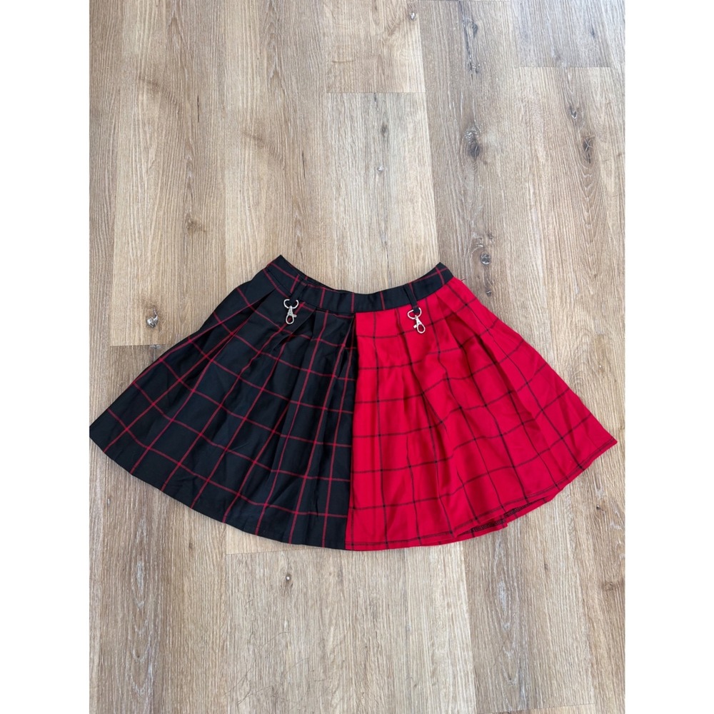 Social Collision Pleated Mini Skirt Womens S Red Black Plaid Split Punk Goth Y2K